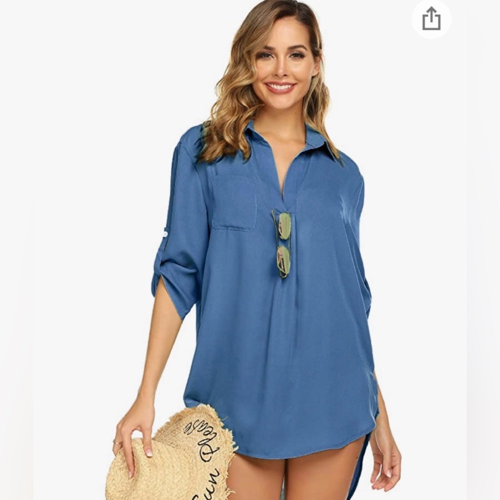 NWOT SIZE SMALL Lightweight Swimsuit Cover/Blouse/Sleepshirt Steel Blue
